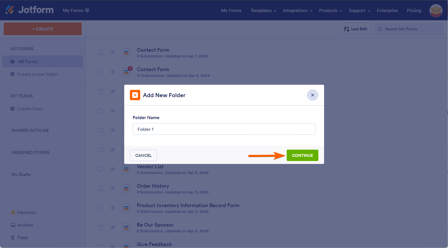 Folder Name option in the Add new folder modal in My Forms page of Jotform