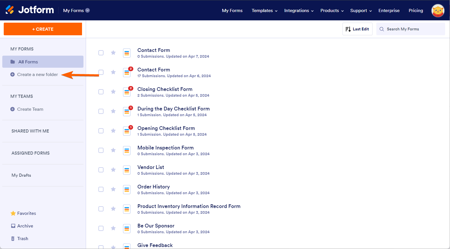 Create a new folder option in My Forms page of Jotform