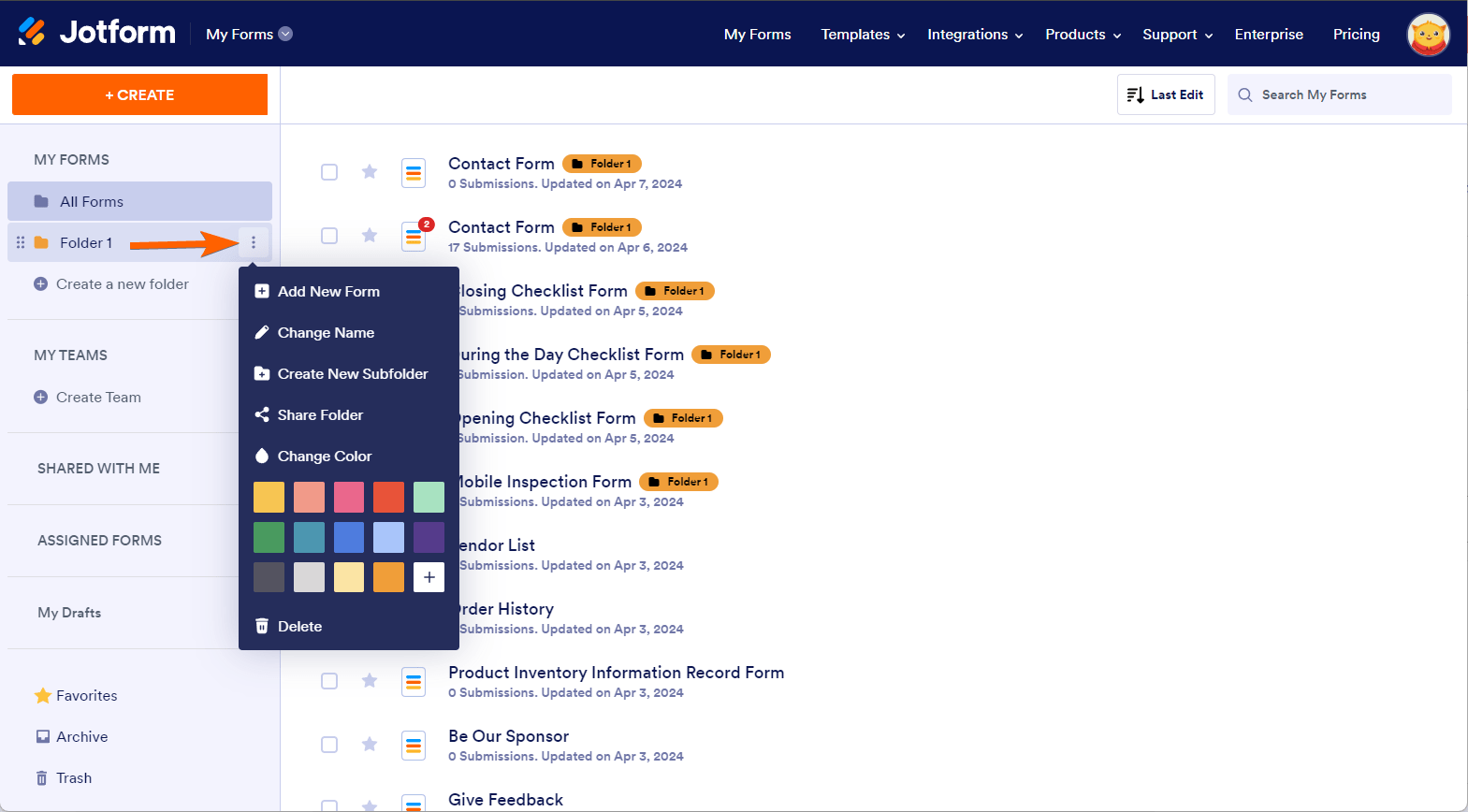 Folder options in My Forms page of Jotform