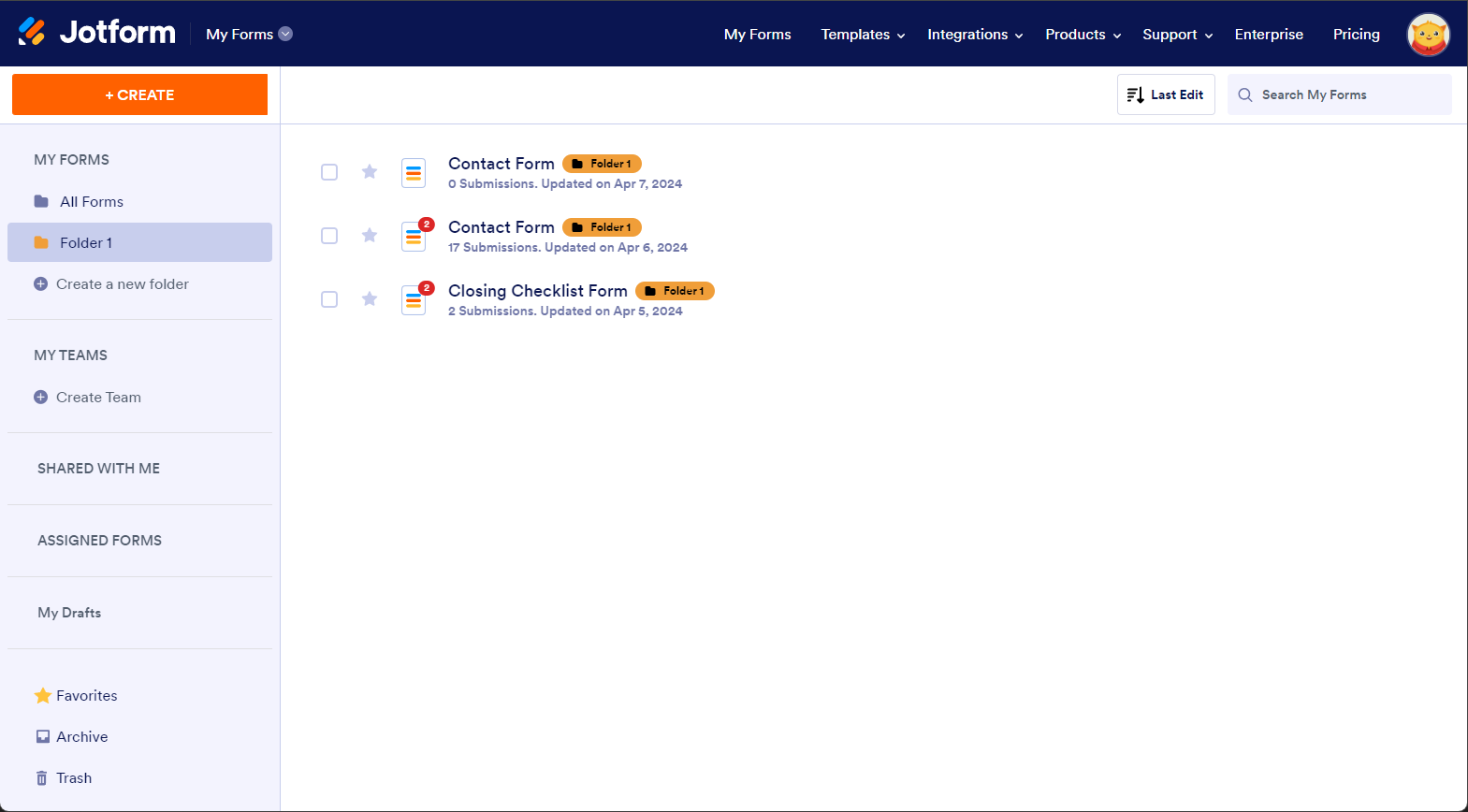 Folder view in My Forms page of Jotform
