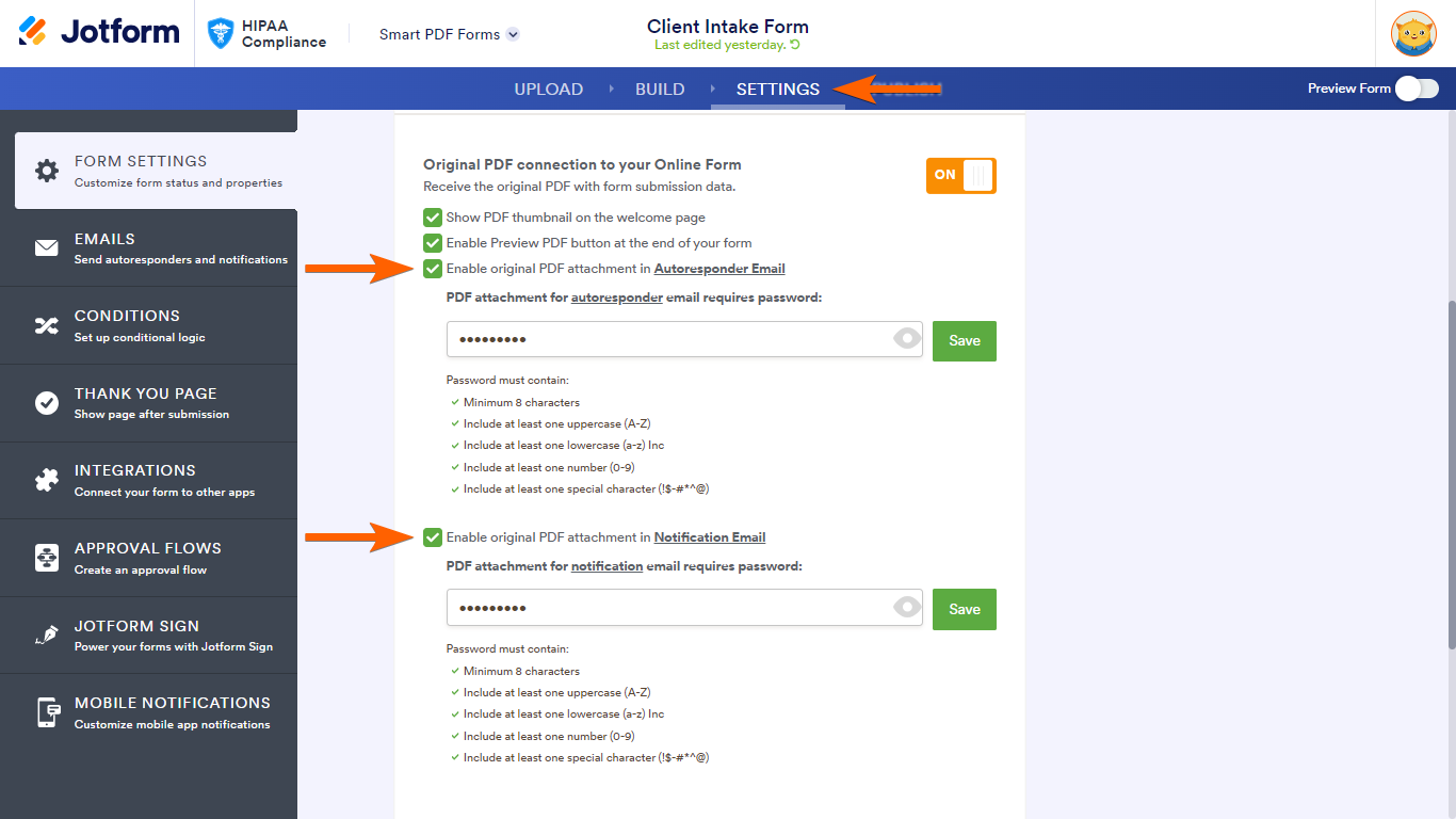 The notification and autoresponder password options in Smart PDF Forms