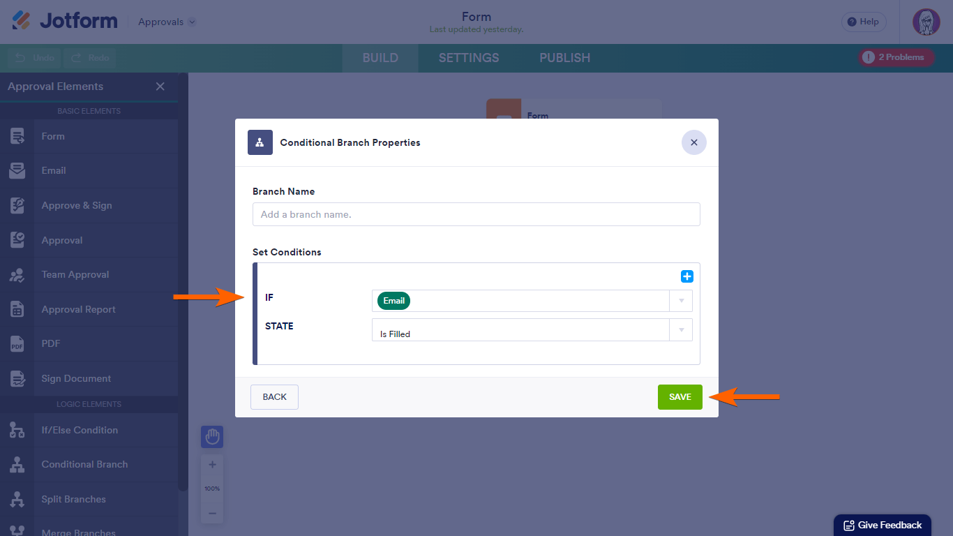 A conditional branch configuratio in Jotform Approvals