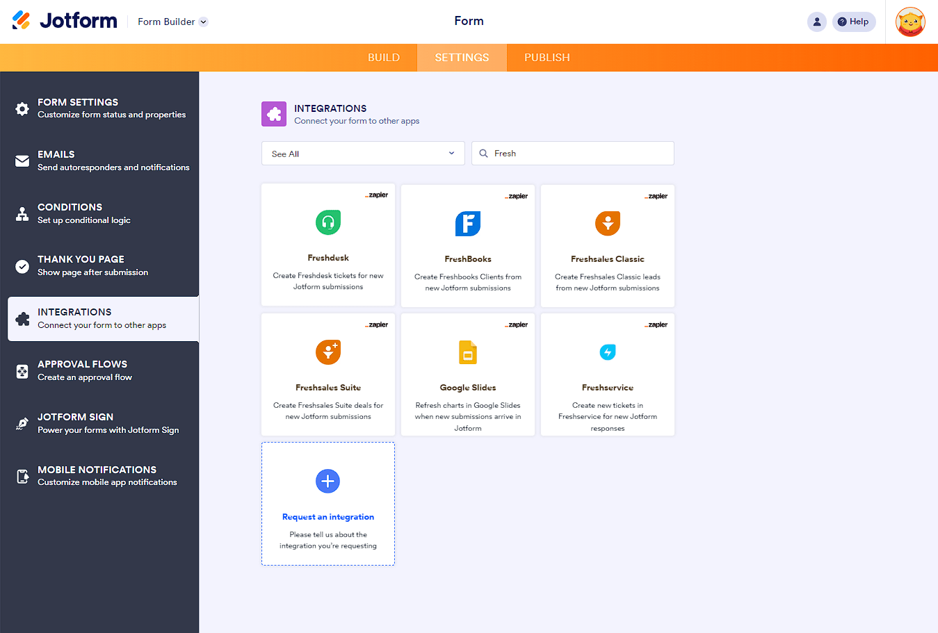 Hidden Zapier dedicated integrations in the Integrations section of Jotform Form Builder