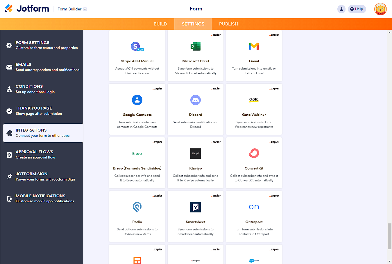 Zapier dedicated integrations in the Integrations section of Jotform Form Builder