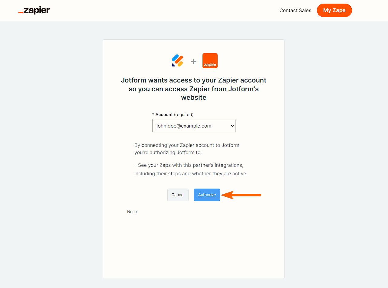 Zapier authorization window in Zapier integration in Jotform Form Builder