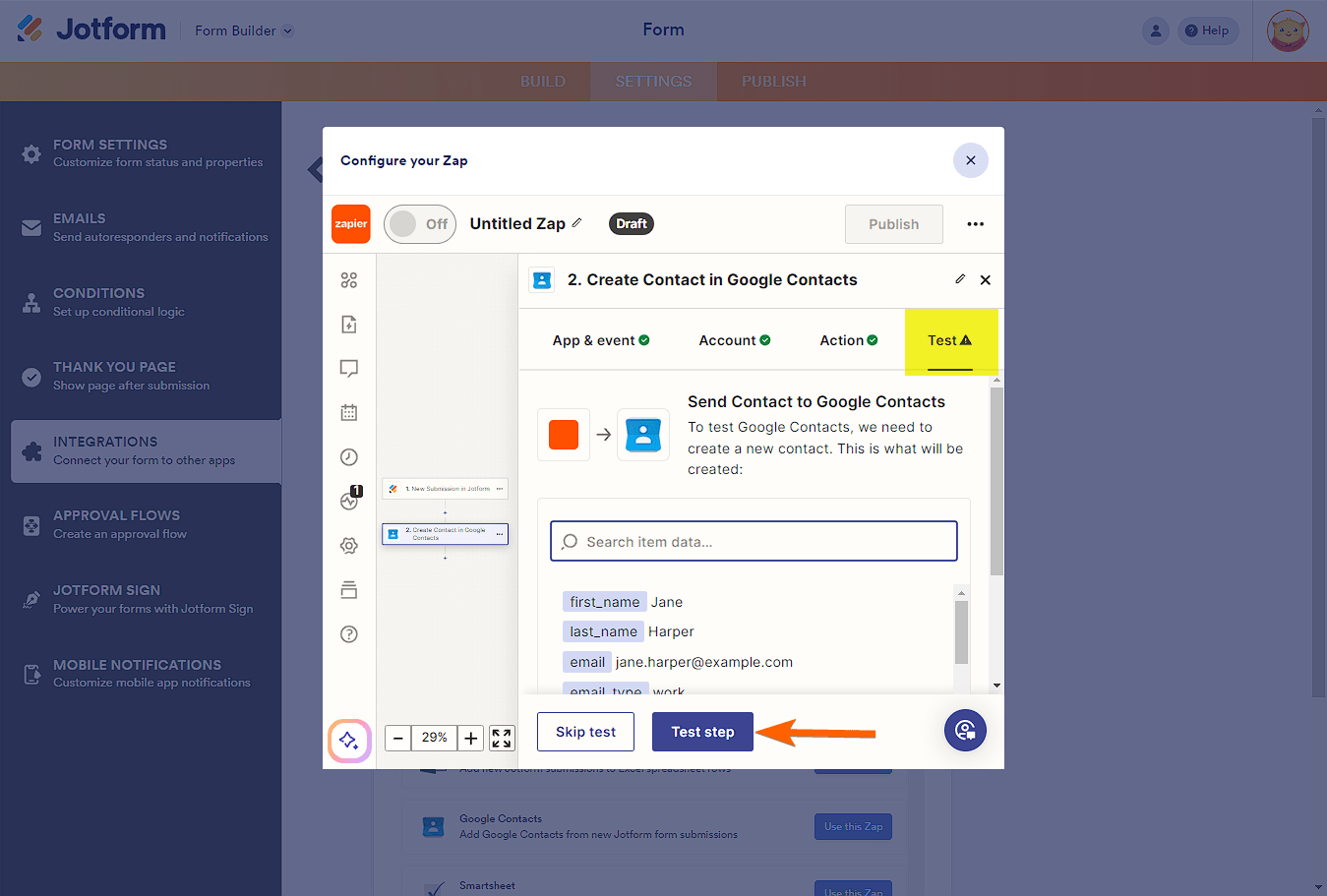 Test Step button in the Zap configuration of Zapier integration in Jotform Form Builder