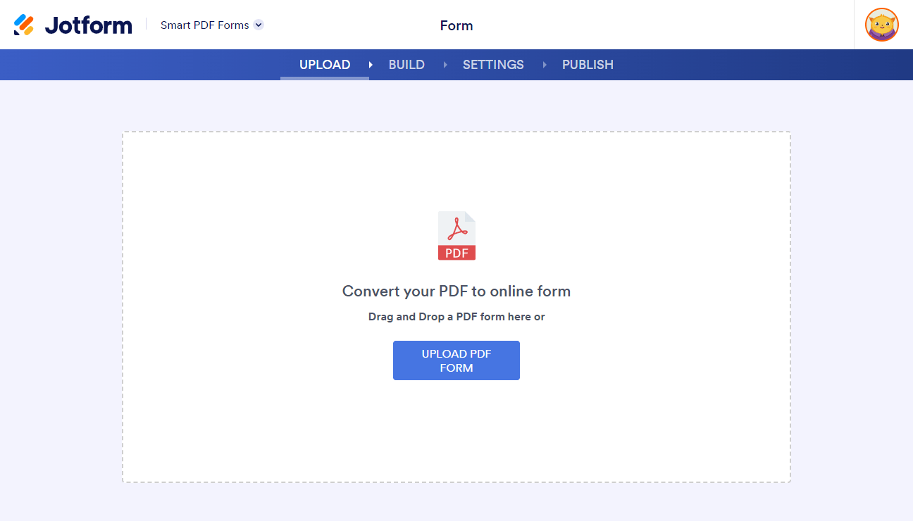 Upload PDF Form button in the Jotform Smart PDF Forms builder