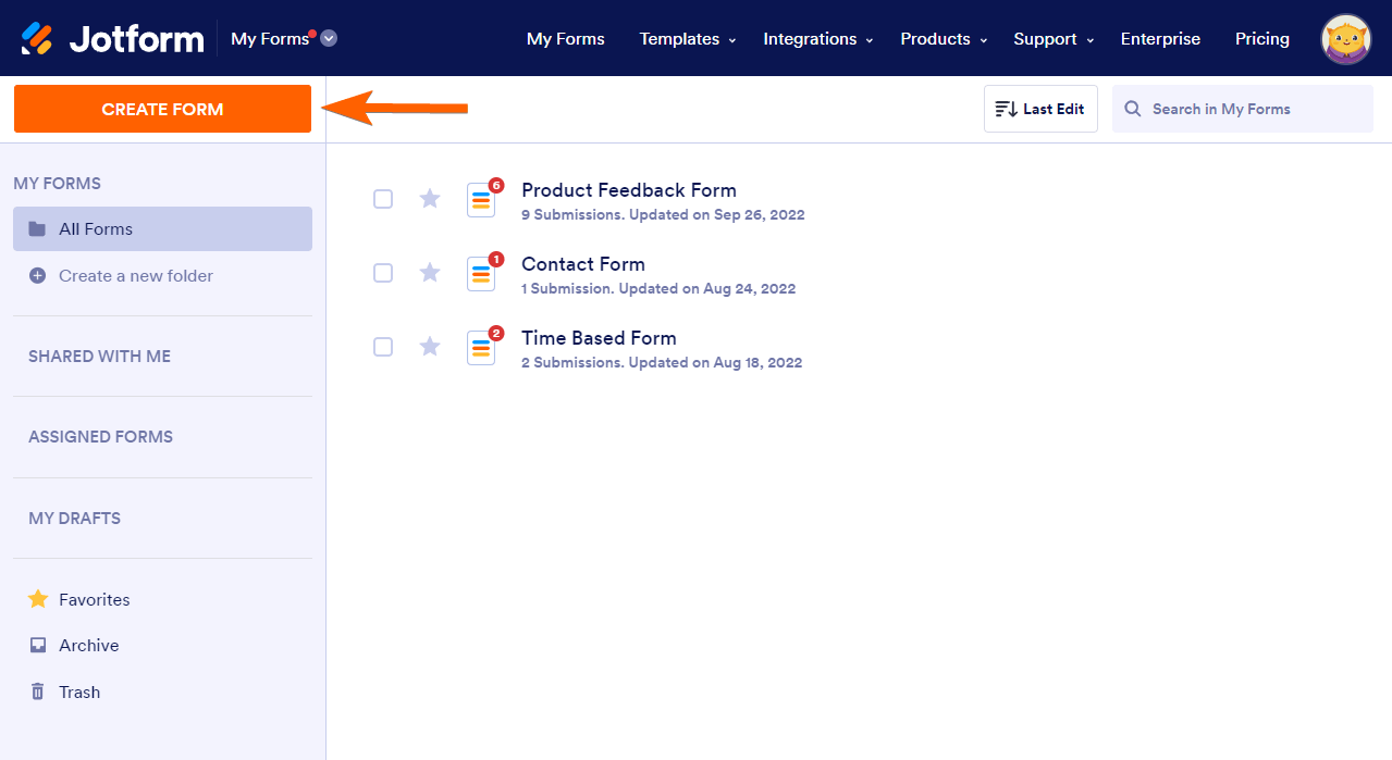 Create Form button in My Forms page of Jotform