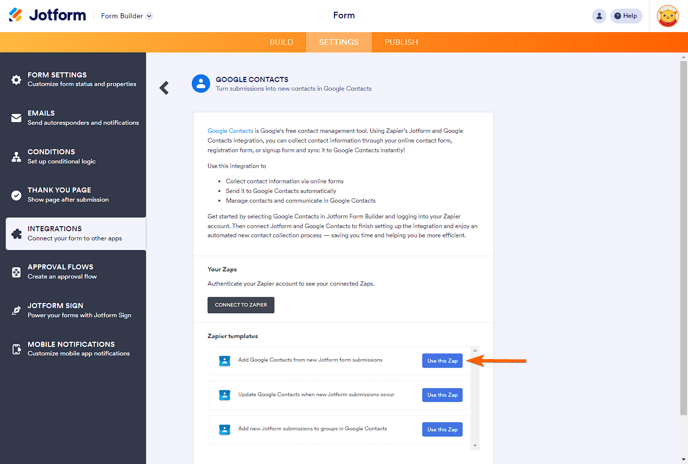 Use this Zap button in one of the Zapier dedicated integrations in Jotform Form Builder