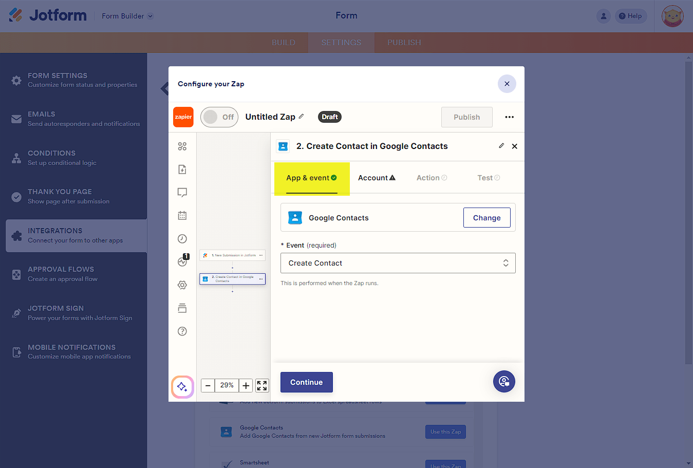 App & Event tab in the Zap configuration of Zapier integration in Jotform Form Builder