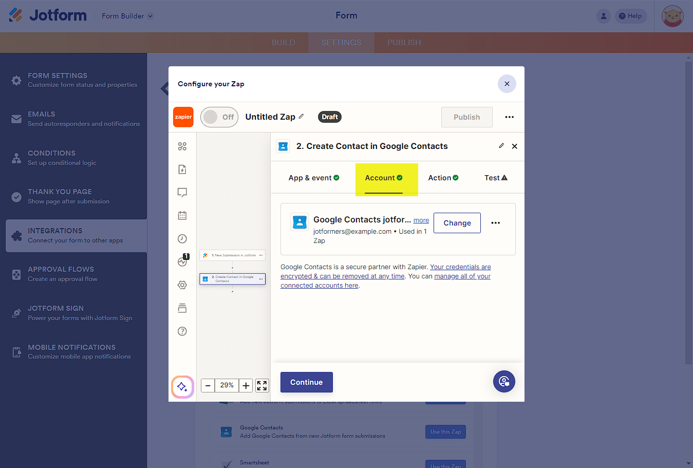 Account tab in the Zap configuration of Zapier integration in Jotform Form Builder