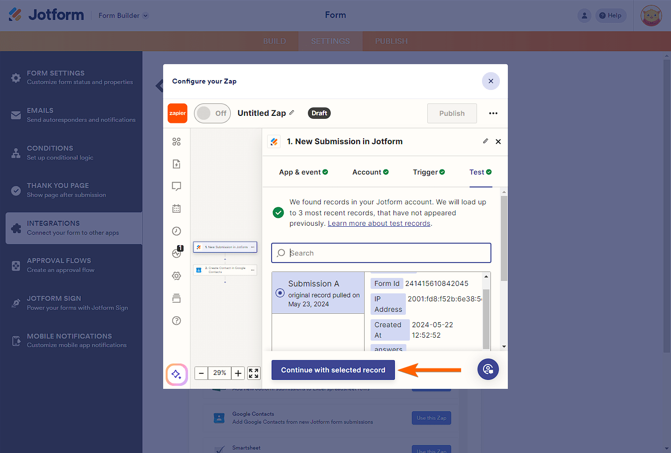Continue with the selected record button in the Zap configuration of Zapier integration in Jotform Form Builder