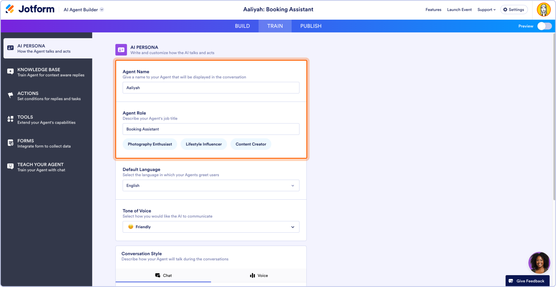 AI Persona settings